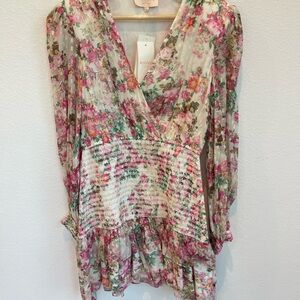 Rococo Sand Pink & Green Floral Smocked V-Neck Tunic